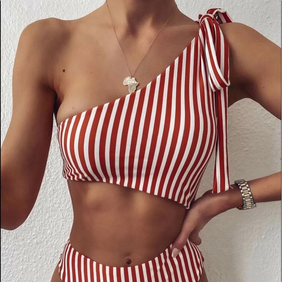 !!SOLD!! Striped One Piece Swim W/ Bow Shoulder - Picture 2 of 6